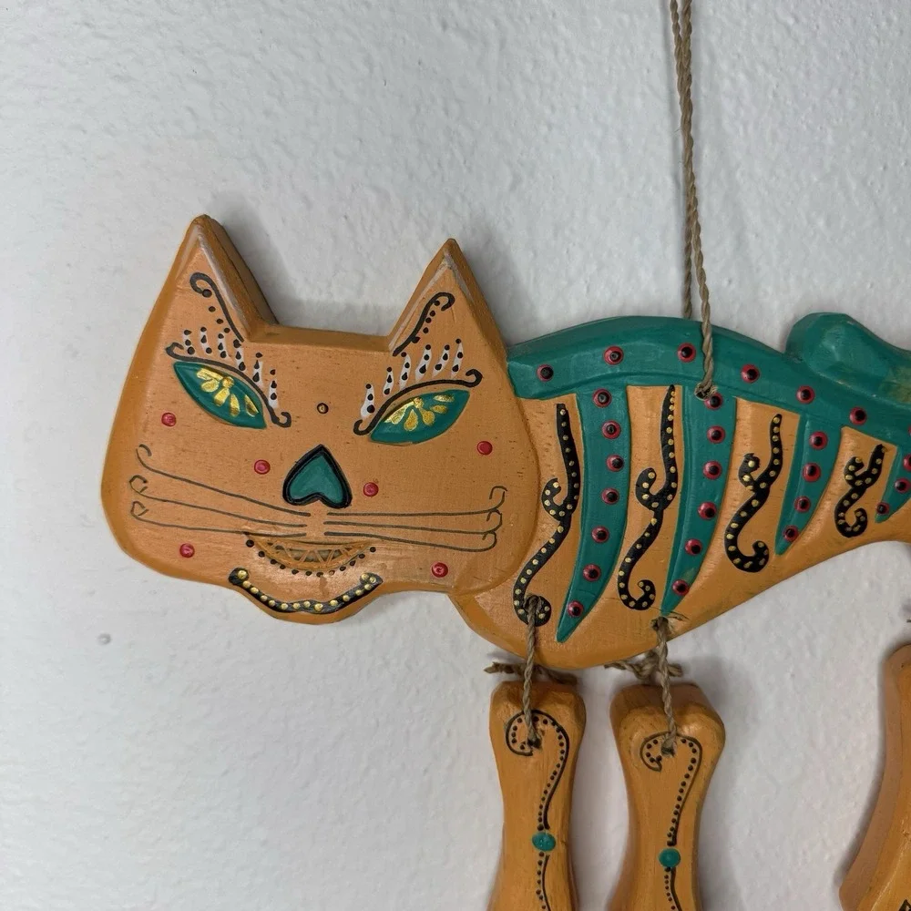 Cat Skeleton Wooden Hand Painted Orange & Turquoise Wind Chime Day Of‎ The Dead
